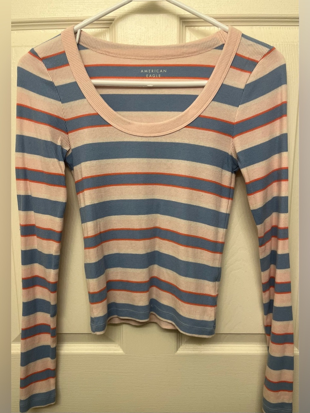 American Eagle Outfitters Women's Blue and Pink Striped Long Sleeve Top